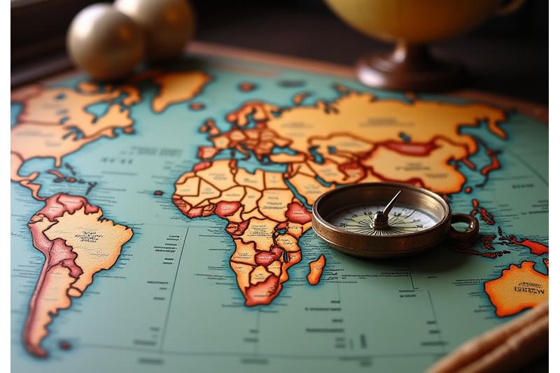 Une vieille carte du monde et des instruments de navigation symbolisant l'histoire et la passion du voyage d'Échappée Belle Voyager