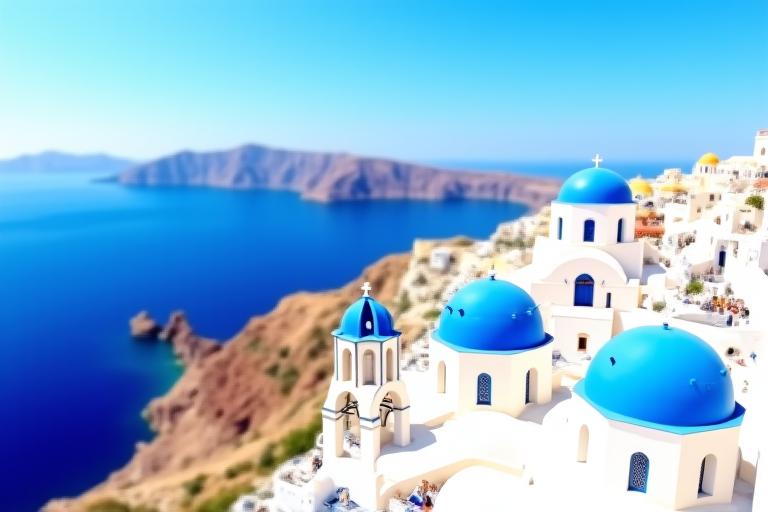 Maisons blanches et bleues de Santorin, Grèce, surplombant la mer Égée